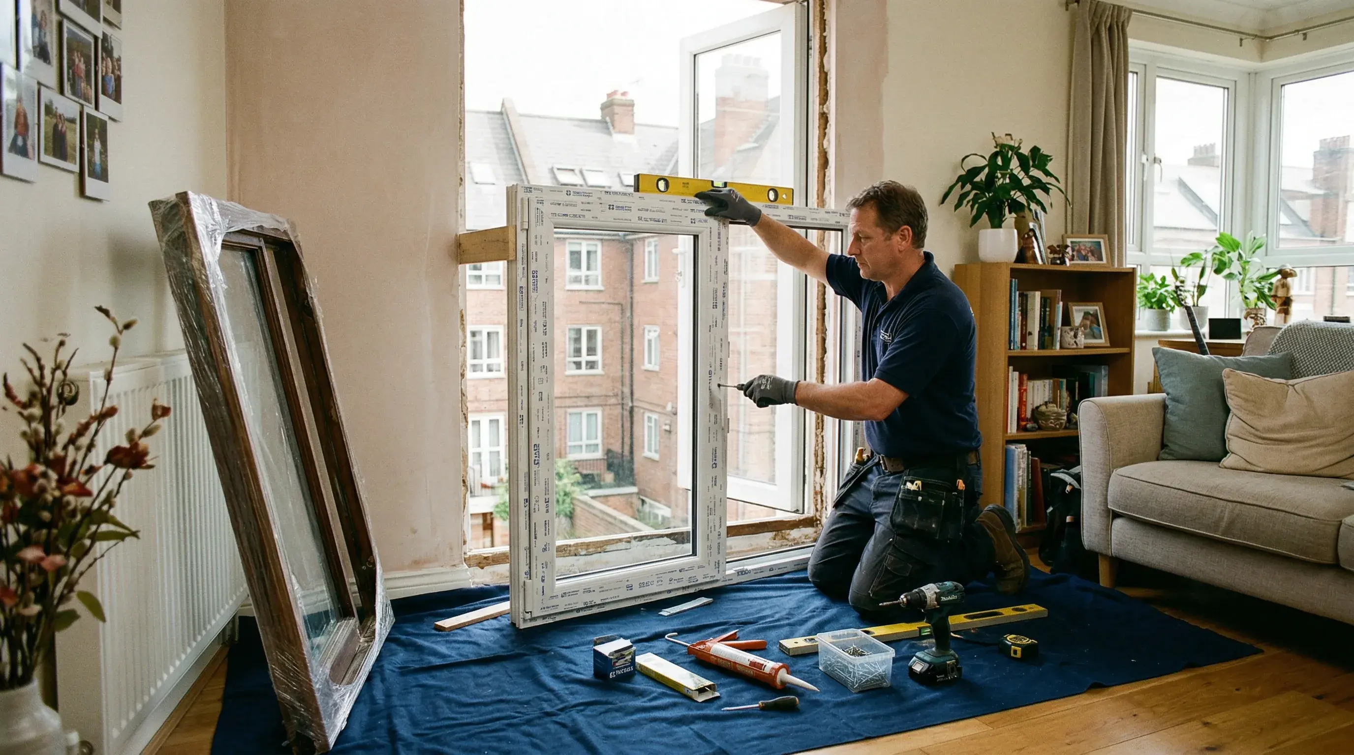 Instalador cambiando ventana PVC en piso habitado