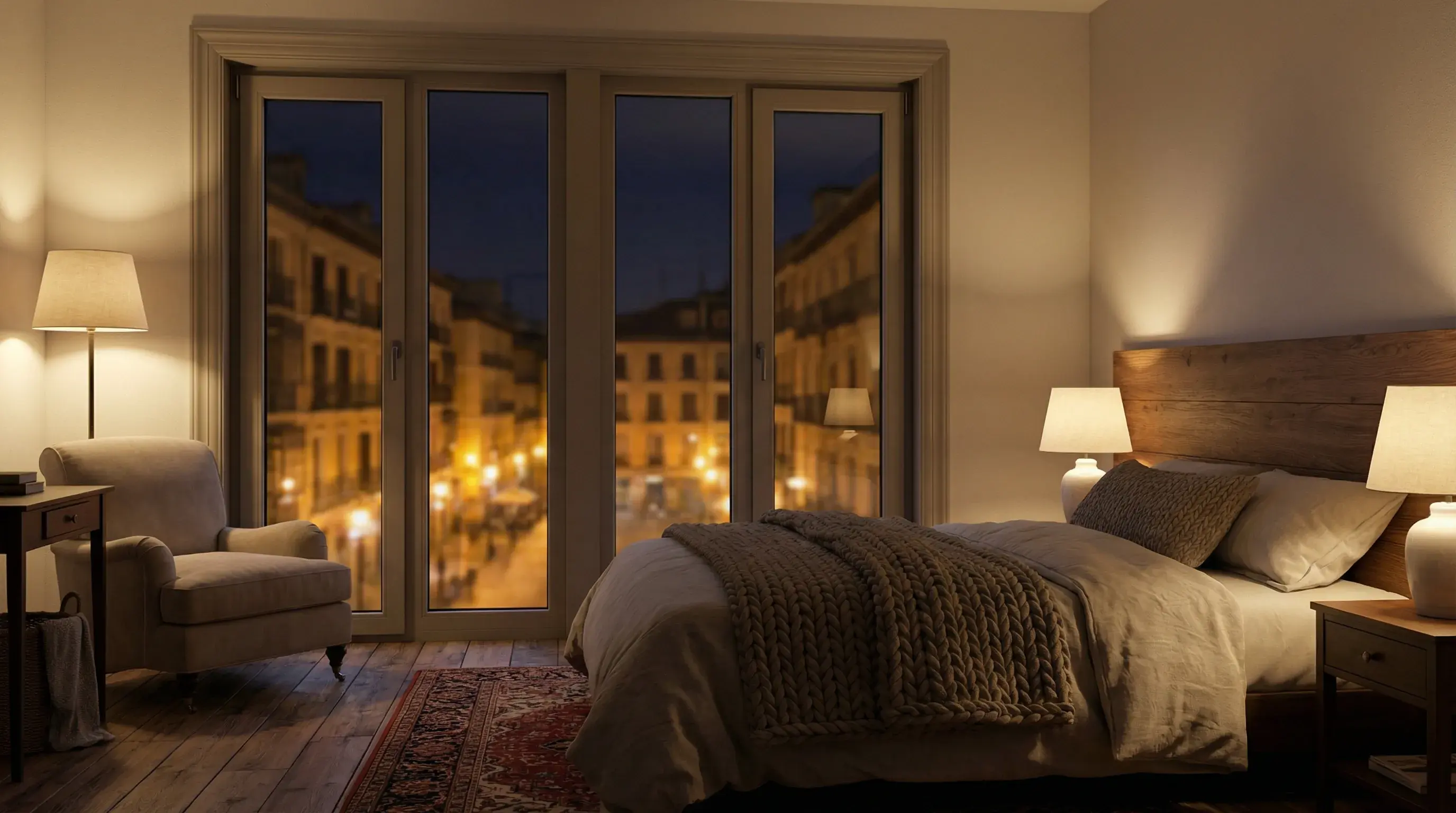 Dormitorio silencioso con ventanas PVC antirruido cerradas
