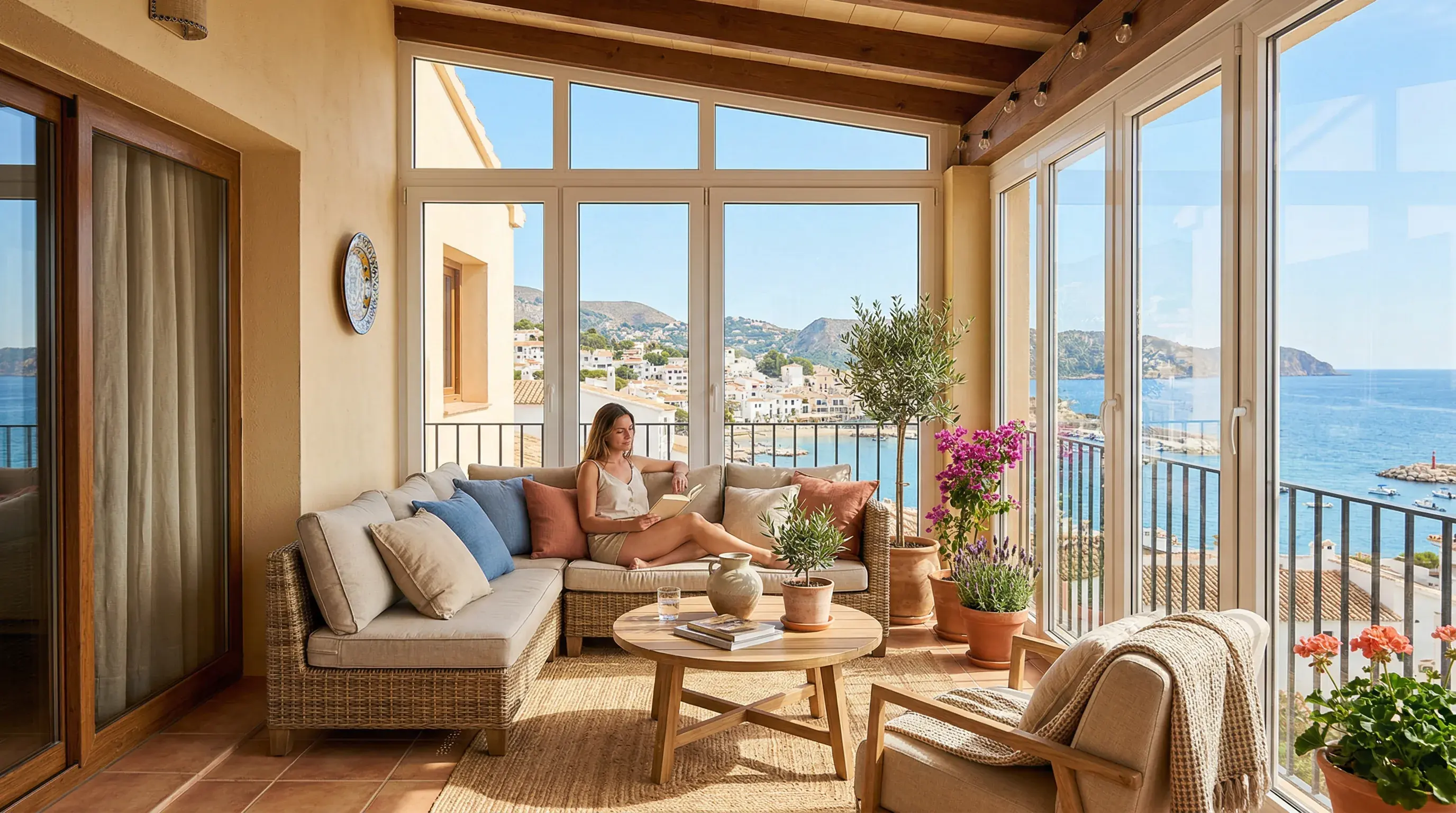 Terraza cerrada con ventanales de PVC y luz natural