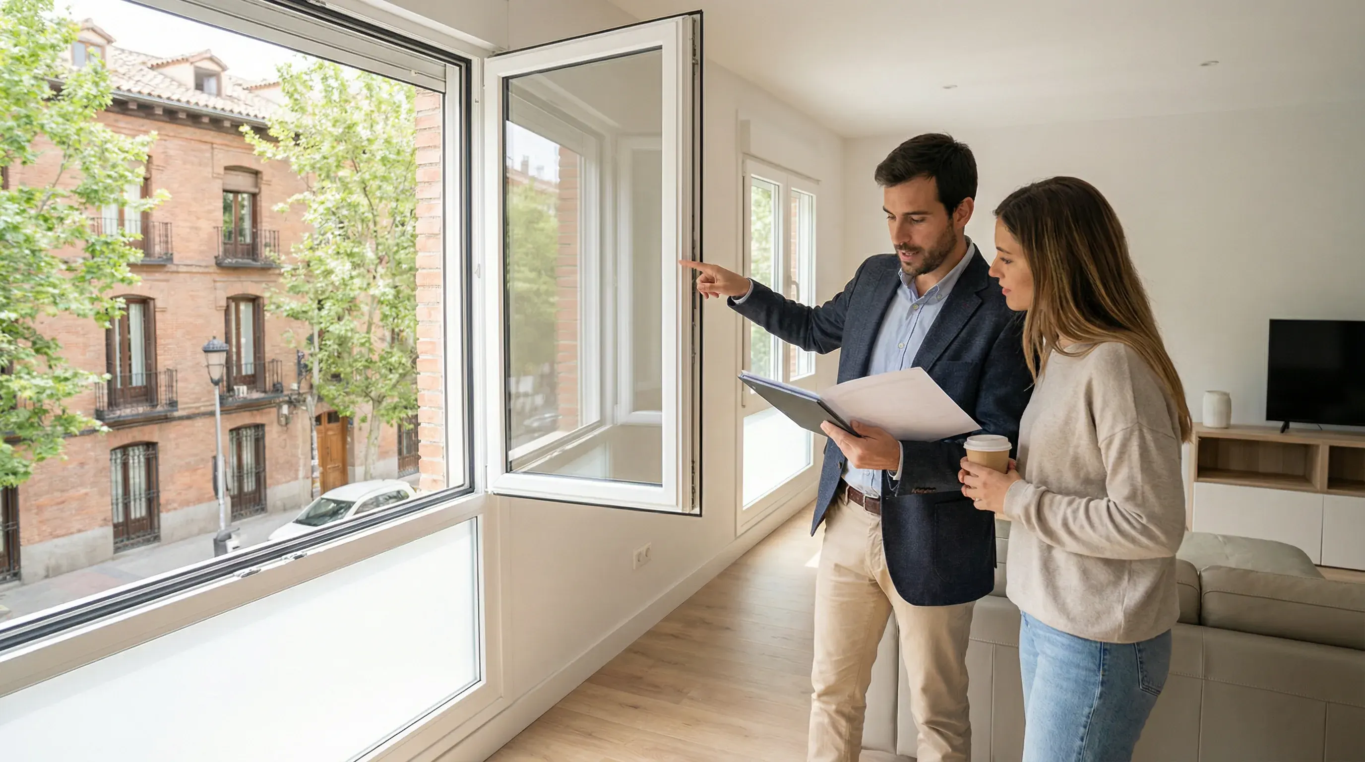 Tecnico calculando presupuesto de ventanas PVC en vivienda